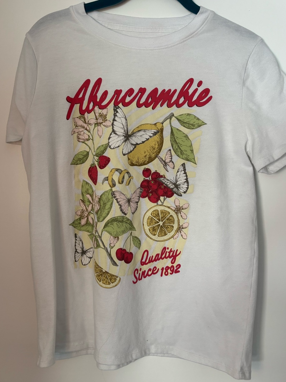 Abercrombie & Fitch White Fruit & Butterfly Graphic Tee size 11-12